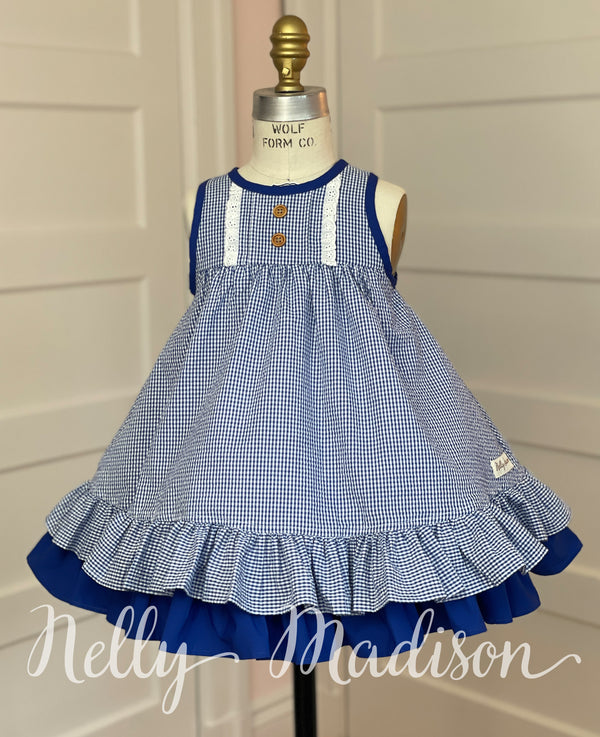 Navy Seersucker & Lace Lydia Dress