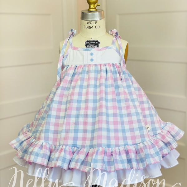 blue and pink plaid dress Cottagecore Dress Checked Pale Pastel Dress with Short Puffy Sleeves 70s  Midi Dress