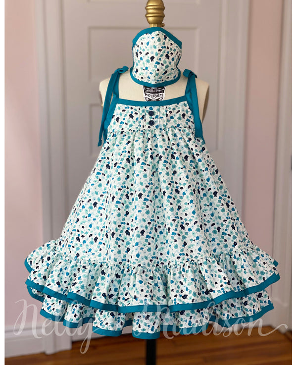 Teal Tea Leaves Hannah Dress + Mask Set